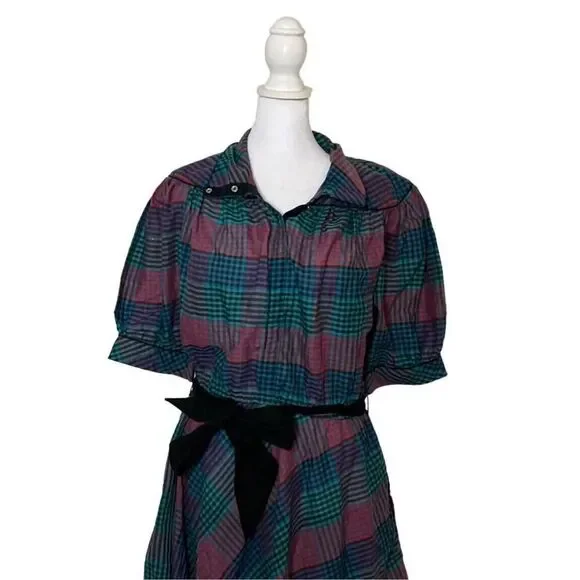 Millicent California Vintage Plaid Womens Puff Short Sleeve Belted Dress US 14 - Picture 2 of 8